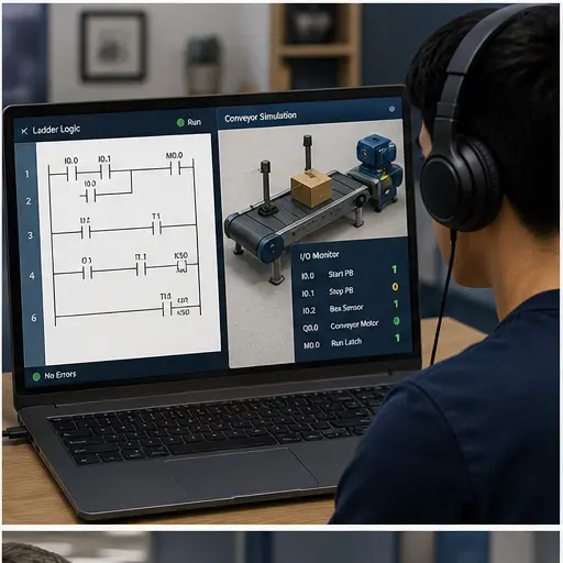 Remote student programming ladder logic while a conveyor simulation responds live