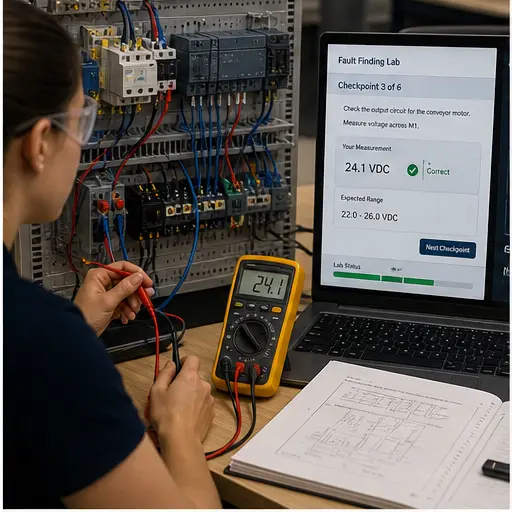 Online PLC wiring fault-finding lab paired with a terminal board multimeter and graded checkpoint