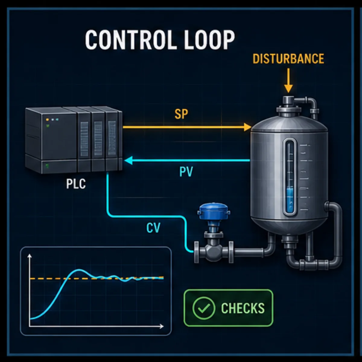 Closed-loop process control architecture connecting a PLC, process tank, setpoint, process variable, control variable and disturbance