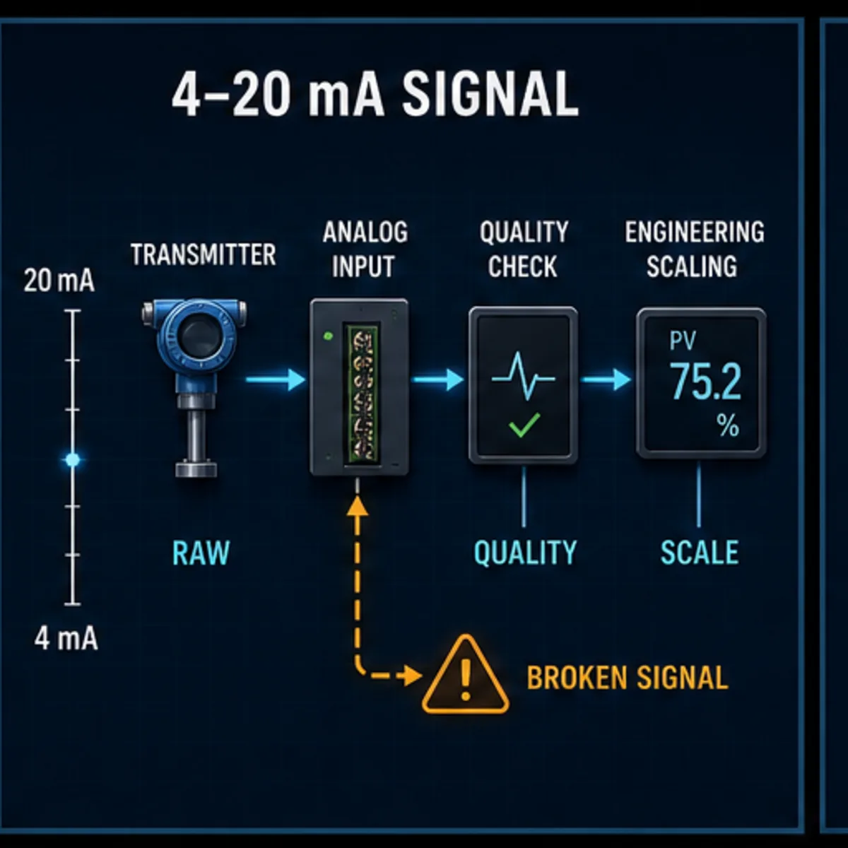 4 to 20 milliamp process signal path from transmitter through raw input and quality validation to engineering-unit scaling
