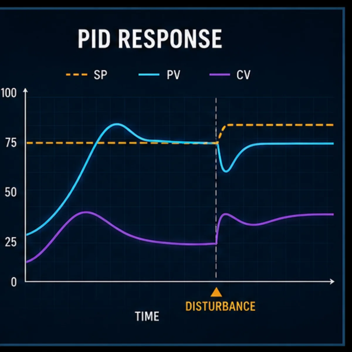 PID trend showing setpoint, process variable, control variable, overshoot and recovery after a disturbance