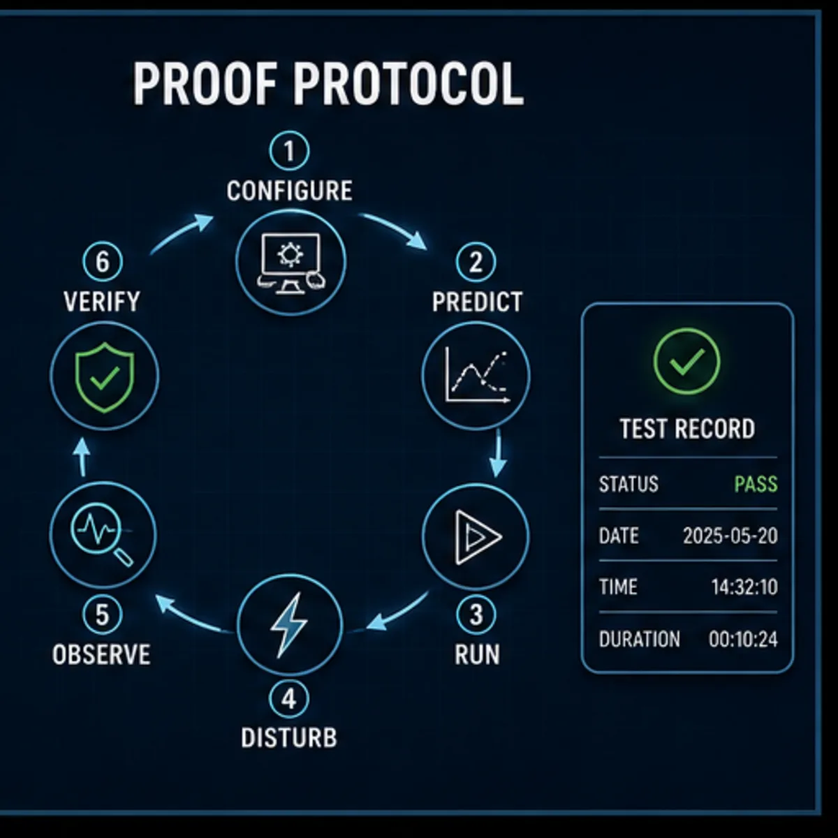 Six-step process control proof protocol: configure, predict, run, disturb, observe and verify