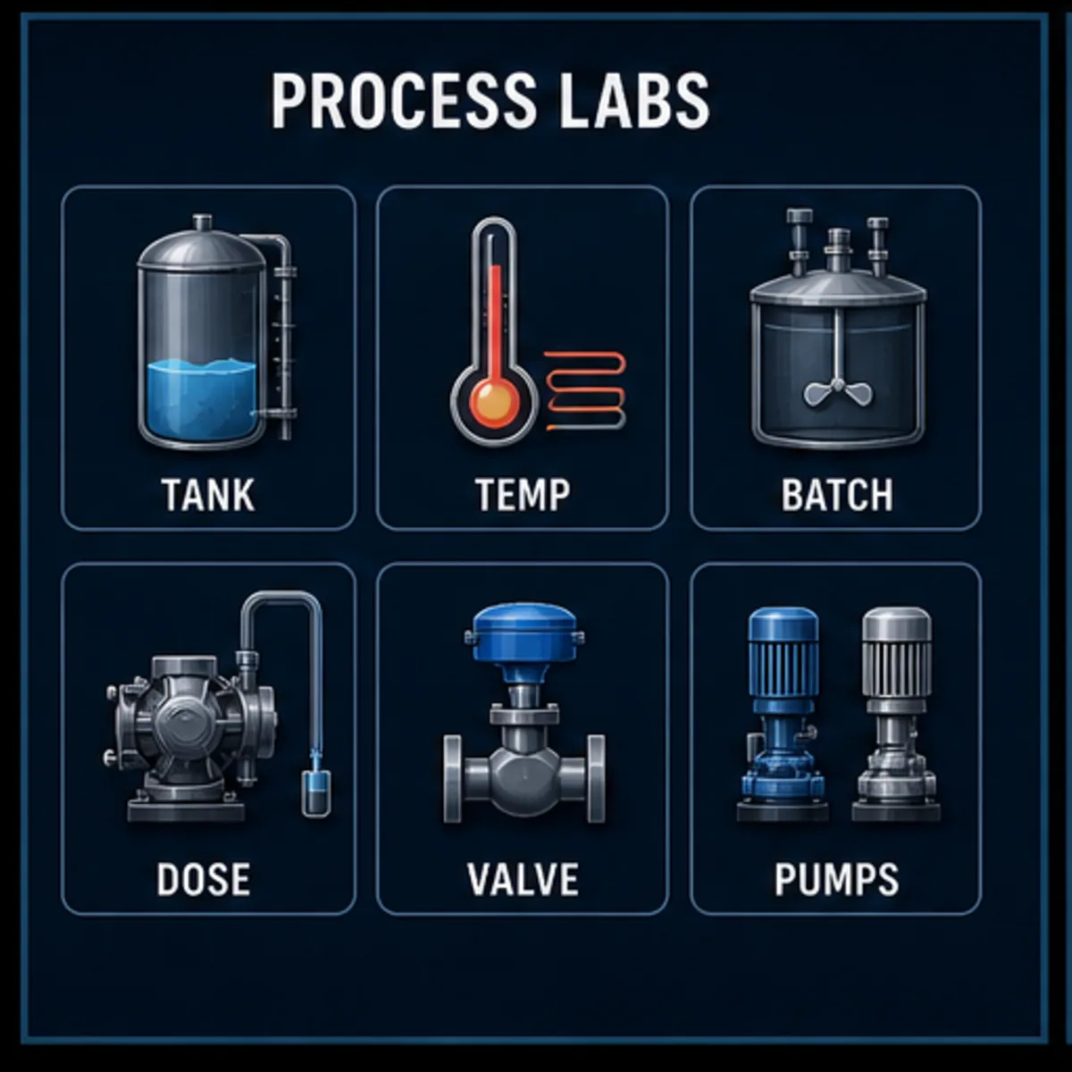 Process control training scenario matrix with tank, temperature, batch, dosing, valve and pump exercises