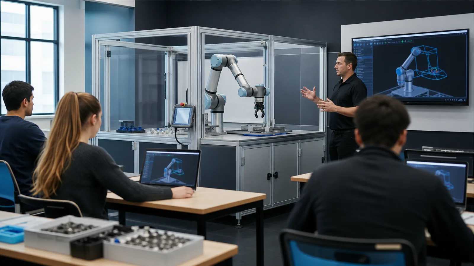 Industrial robot programming classroom with a six-axis training cell and browser workstations
