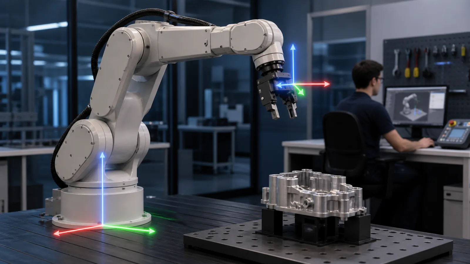 Six-axis robot arm with visible base and tool coordinate-frame axes above a workpiece