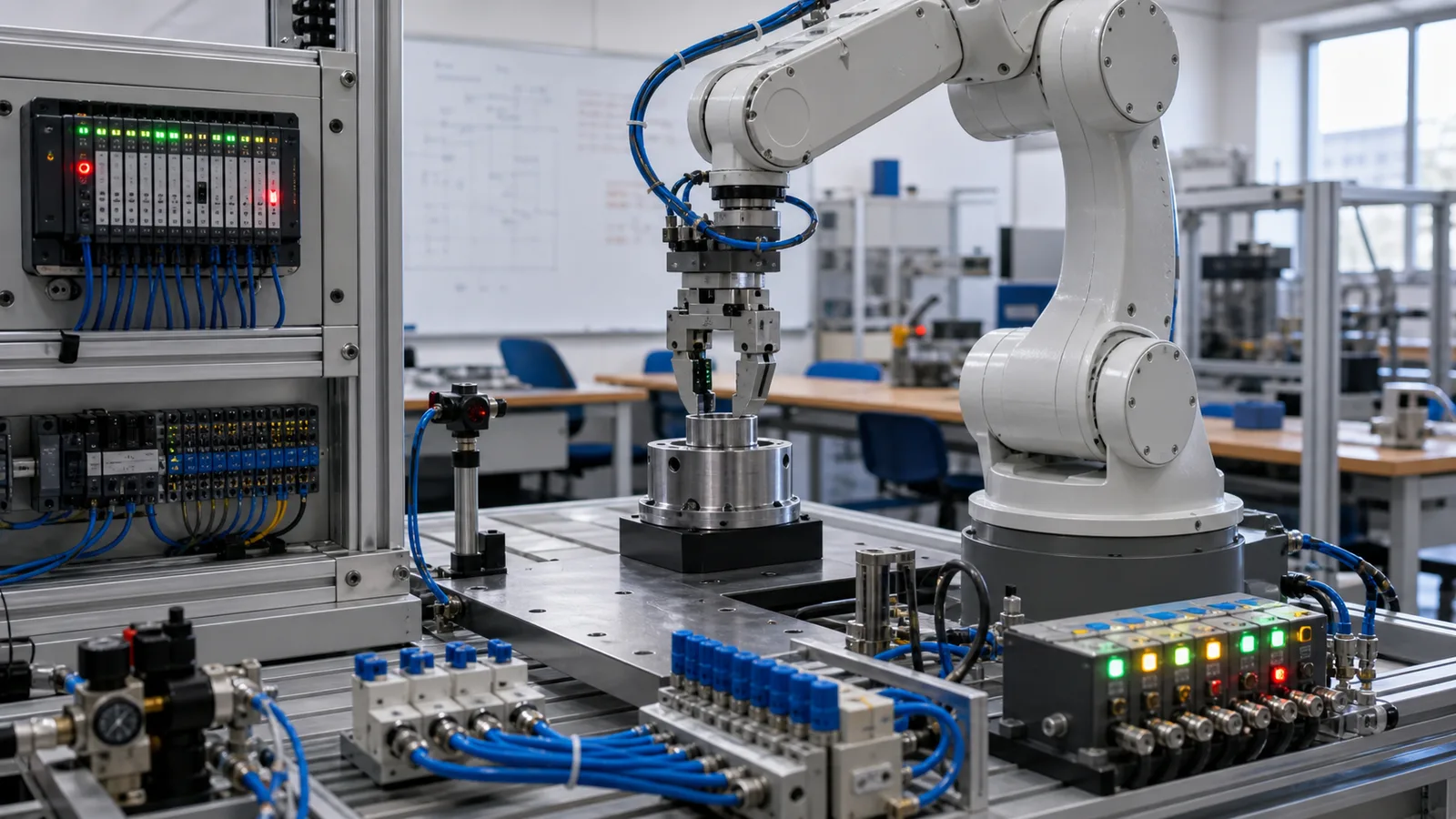 Robot gripper, part sensor, pneumatic valve and PLC I/O panel in a practical pick-and-place cell