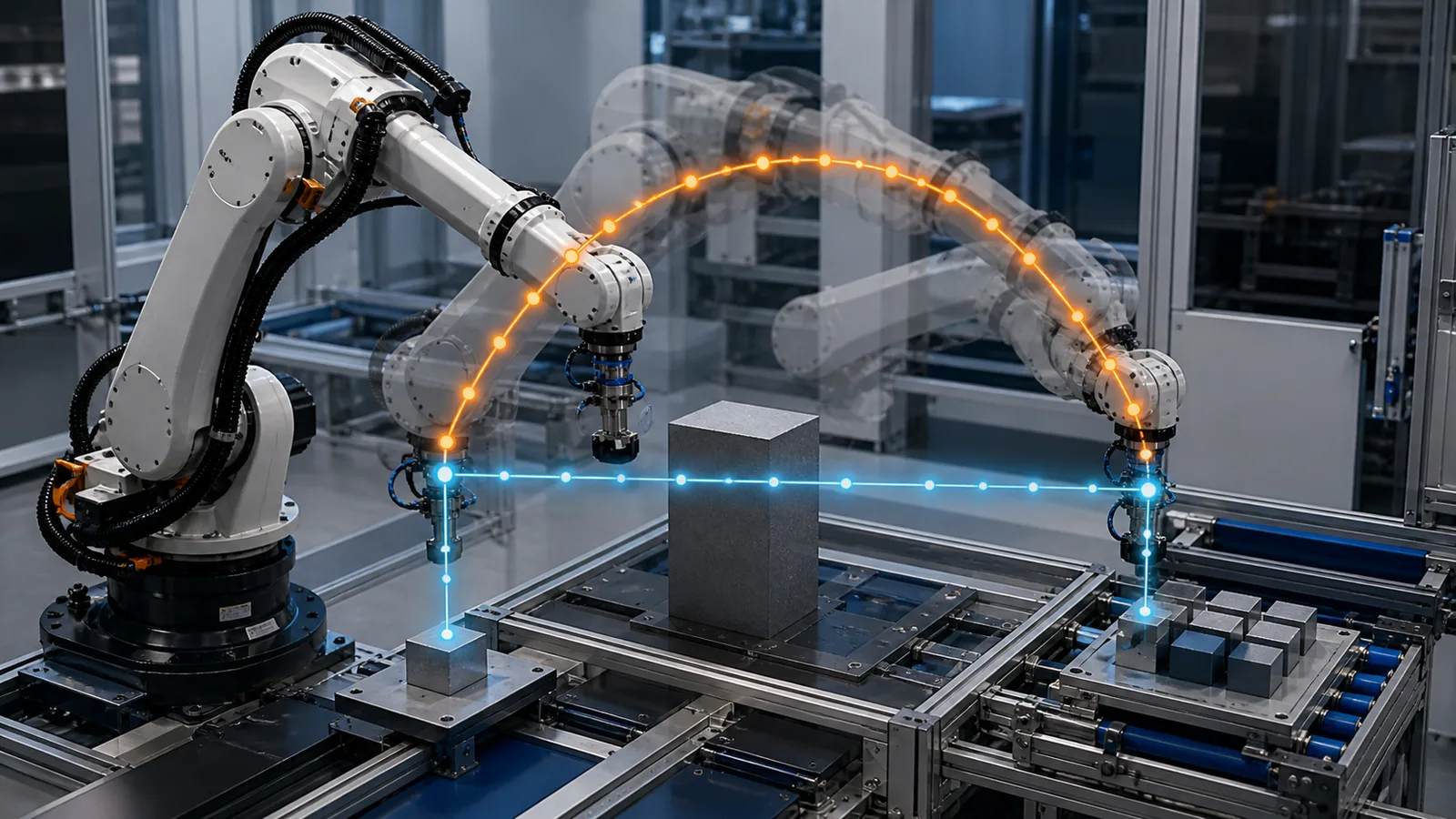 Robot arm showing a curved joint-space path and straight Cartesian tool path around a fixture