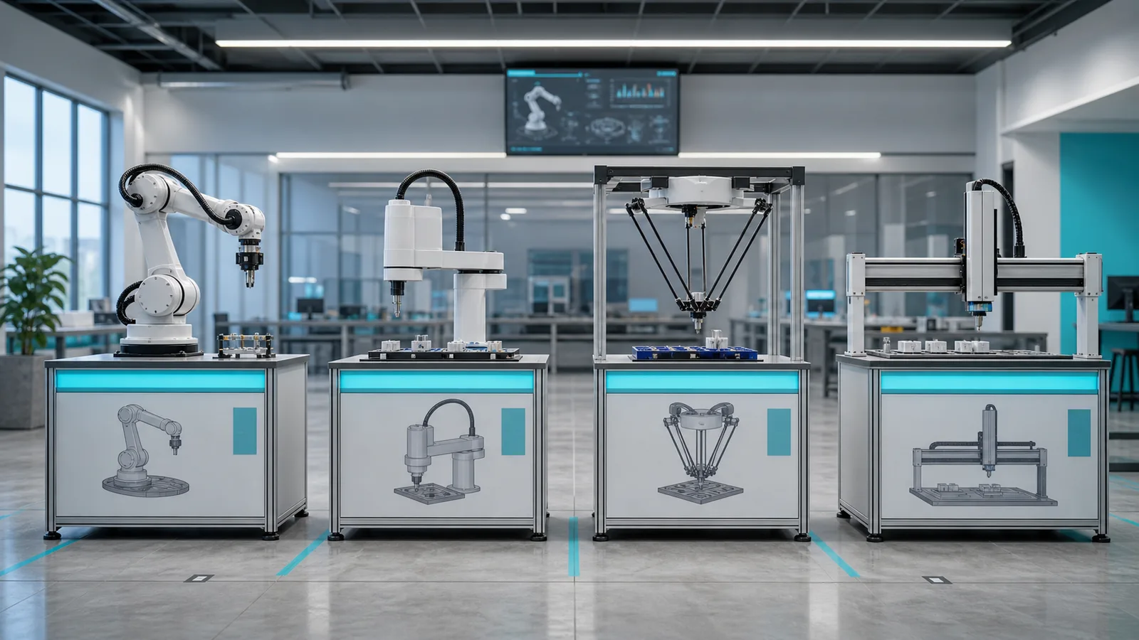 Automation lab with six-axis, SCARA, delta and Cartesian robot training stations