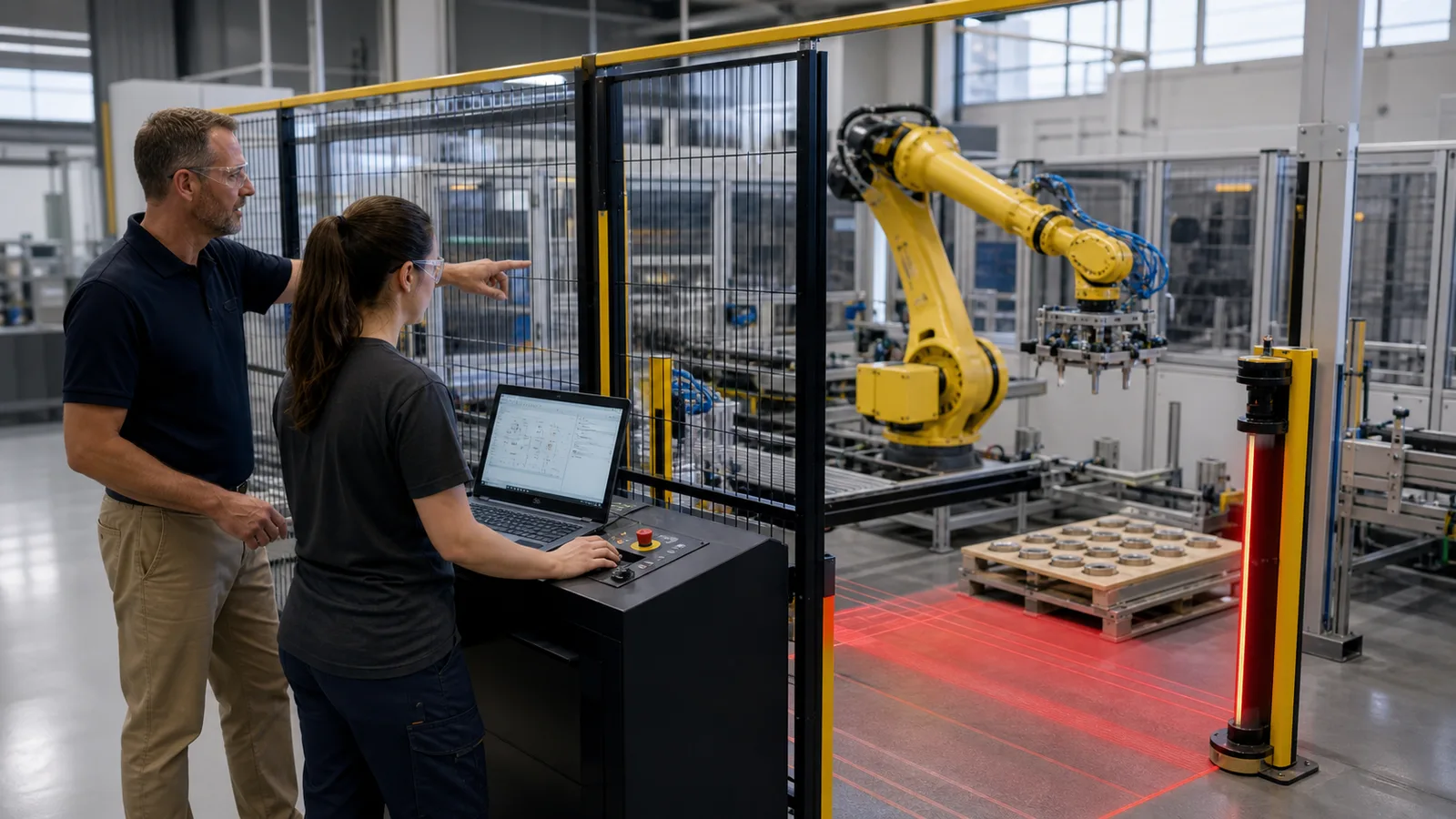 Instructor and learner safely validating a guarded six-axis robot palletising cell