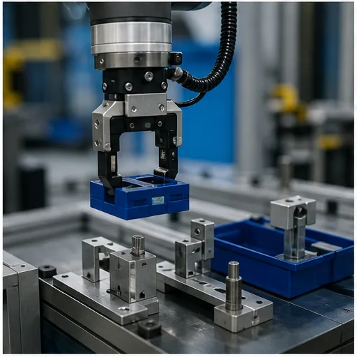 Industrial robot gripper transferring a blue component between accurate pick and place fixtures