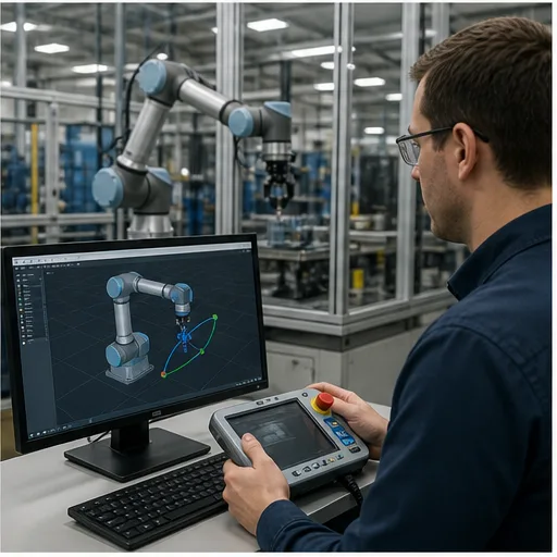Robot programmer reviewing simulated waypoints on a workstation beside a guarded physical robot cell