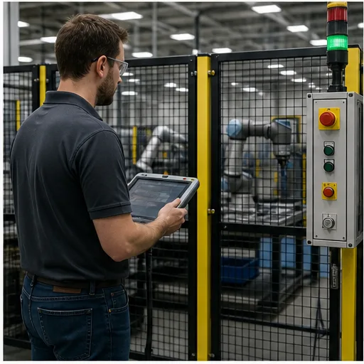 Automation technician checking robot cell guarding, emergency stops and safety status from outside the fence