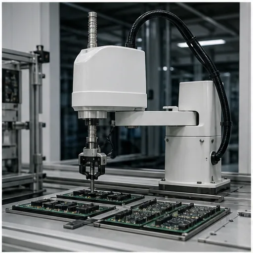 SCARA industrial robot performing top-down pick and place over electronic assemblies