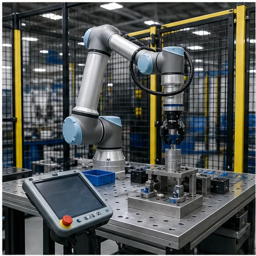 Six-axis collaborative robot in a guarded industrial training cell with a teach pendant and work fixtures