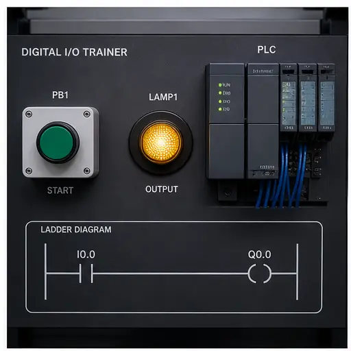 Beginner PLC switch-and-light scenario with one input one output and a visible ladder rung
