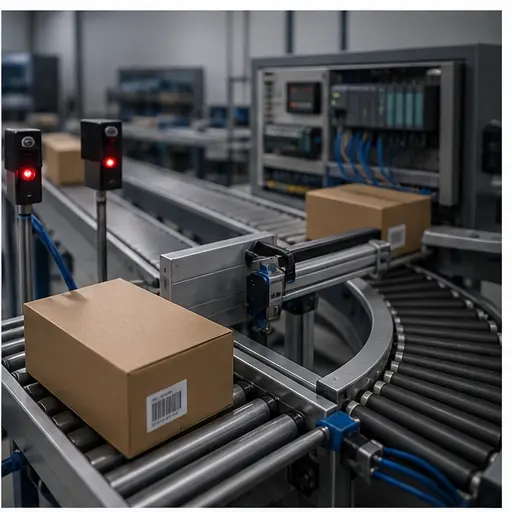 PLC conveyor sorting scenario with photoeyes cartons and a pneumatic diverter