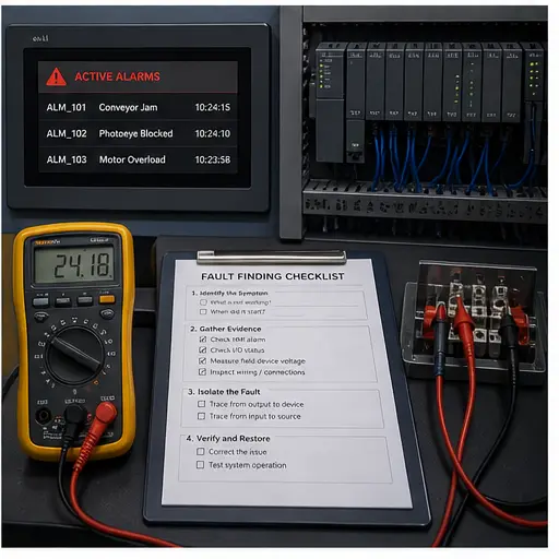 Industrial PLC fault-diagnosis scenario with HMI alarm I/O rack multimeter and evidence checklist