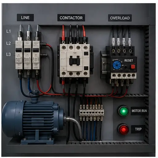Three-wire PLC motor start-stop scenario with contactor overload and auxiliary feedback