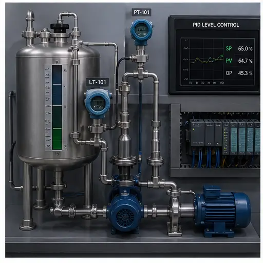 Browser process-control simulator showing a tank, PID variables and control logic