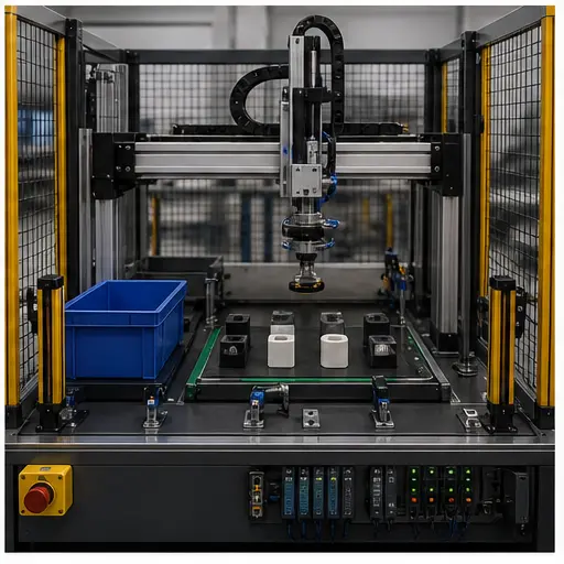 PLC robotic pick-and-place gantry scenario with sensors workpieces and guarded cell