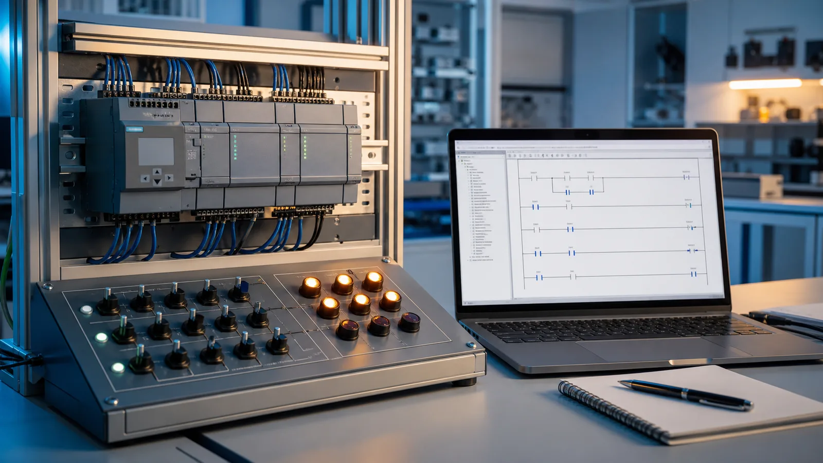 Browser Siemens style PLC simulator training bench with compact modular controller input switches output lamps and ladder exercise