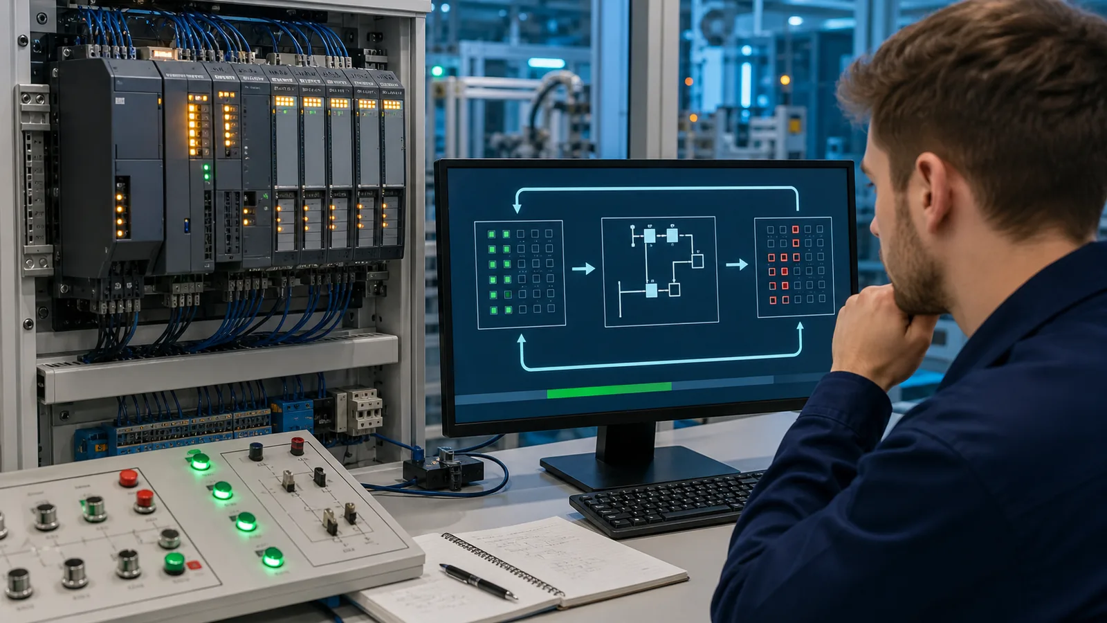 Siemens style cyclic PLC scan lab showing input image program execution output image and live controller LEDs