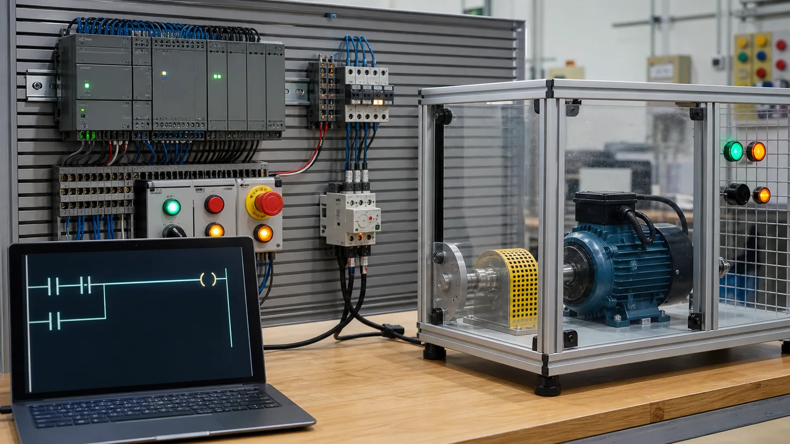 Siemens style motor control lab with compact PLC start stop overload auxiliary feedback and seal in ladder rung
