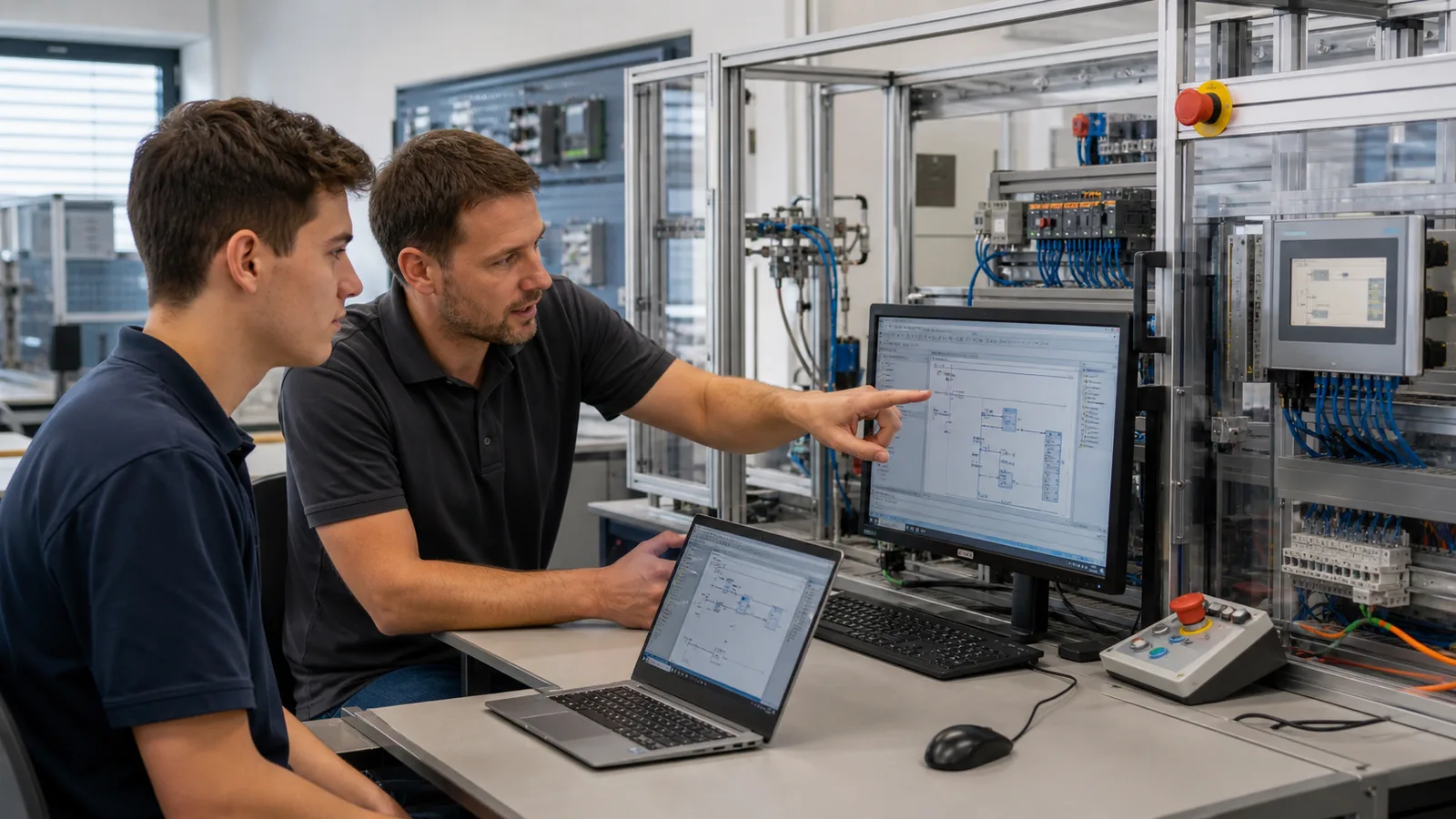 Learner and instructor transferring browser Siemens style PLC practice to a supervised controller and HMI commissioning lab