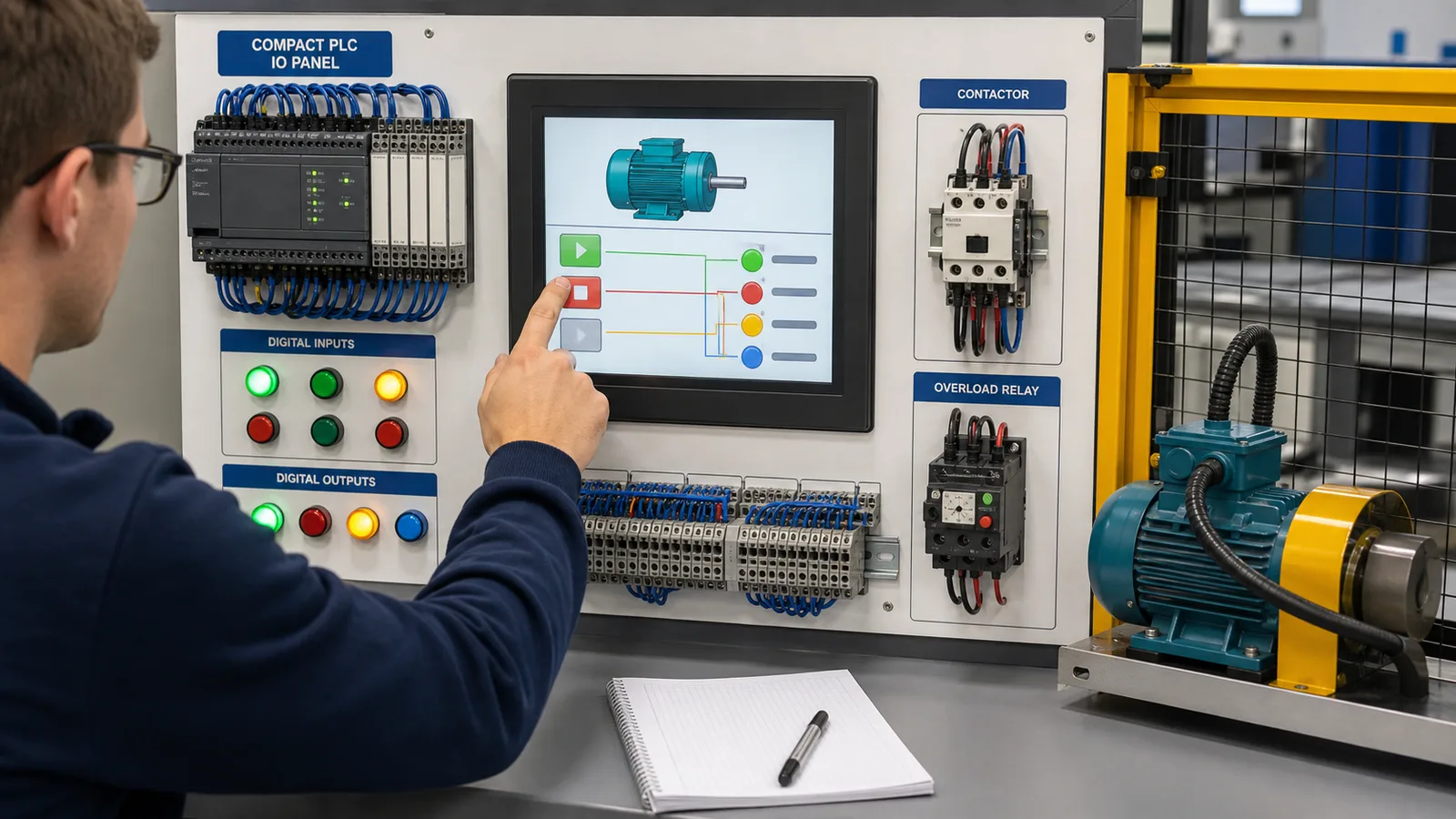 Learner mapping Siemens style PLC tags between an I O panel HMI motor display pushbuttons contactor and guarded motor