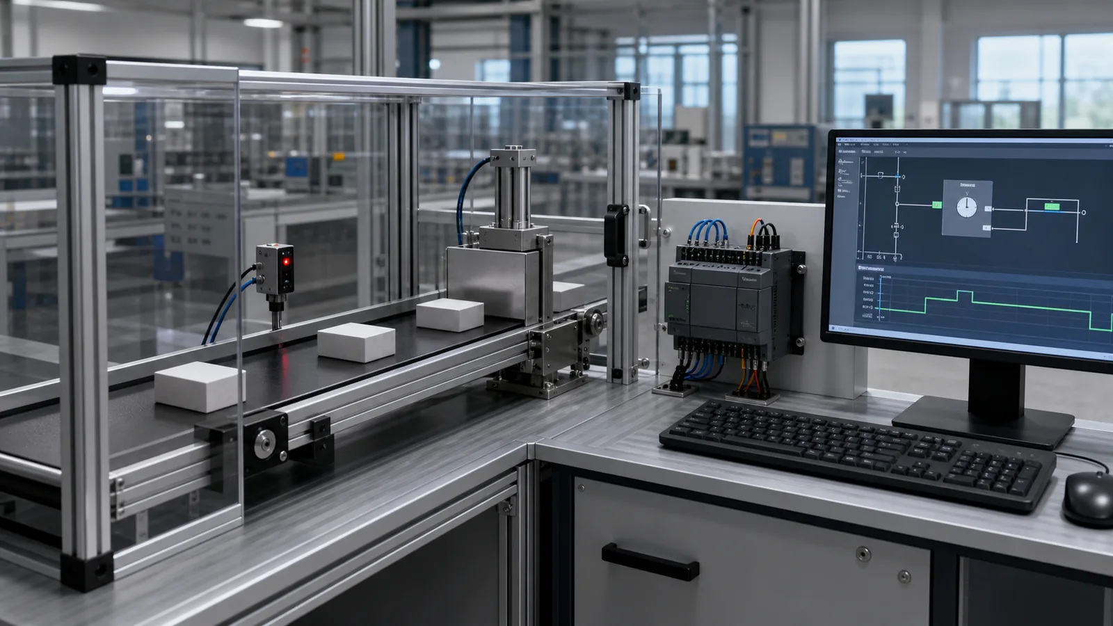 Siemens style PLC timer training on a guarded conveyor with photoelectric sensor stop gate and live timing trace