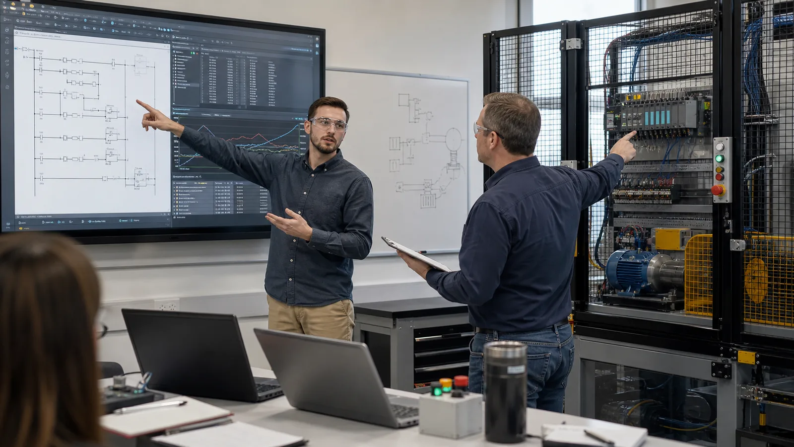 Siemens PLC diagnostics learner explaining a ladder fault with live I O trend evidence and guarded motor panel to an evaluator