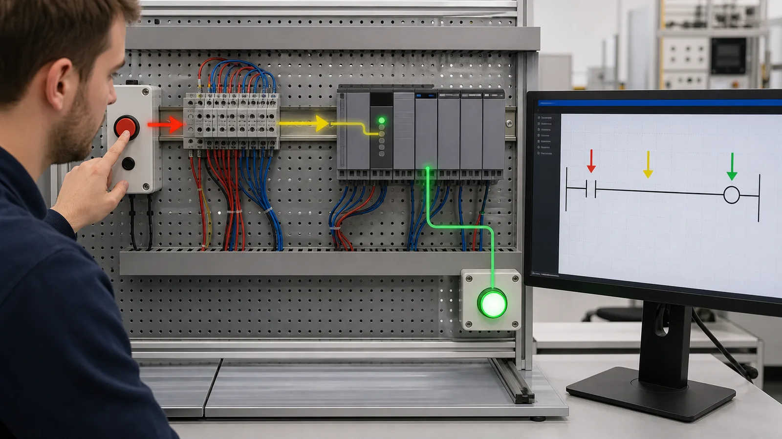 Siemens PLC fundamentals lesson tracing a pushbutton through terminal blocks input LED ladder rung and output lamp
