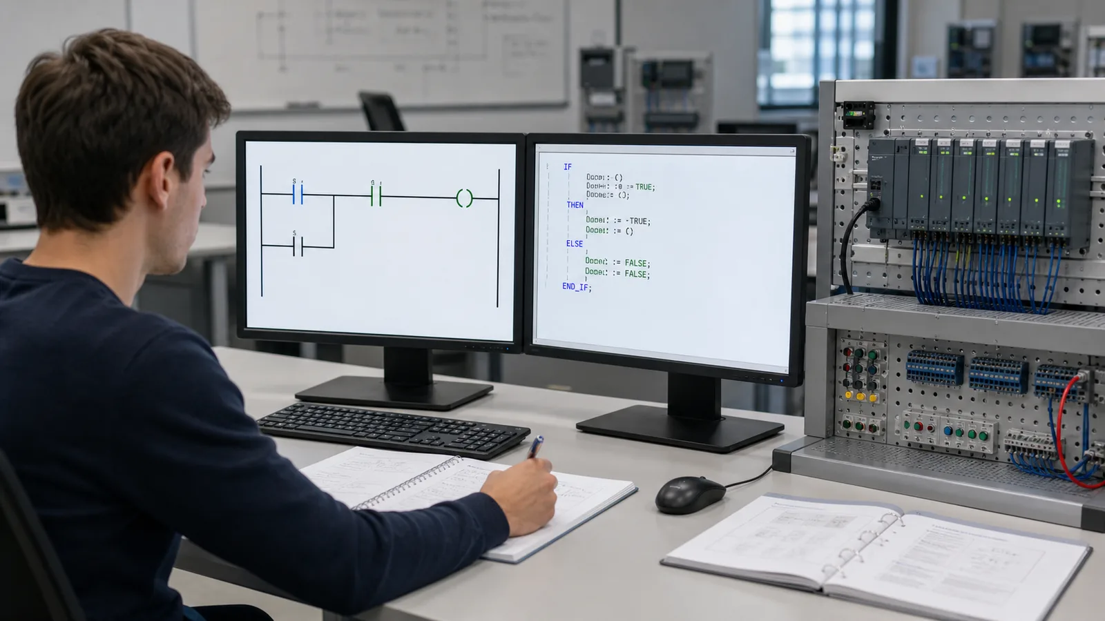 Siemens style PLC course comparing a ladder seal in pattern and structured conditional logic beside a modular controller trainer