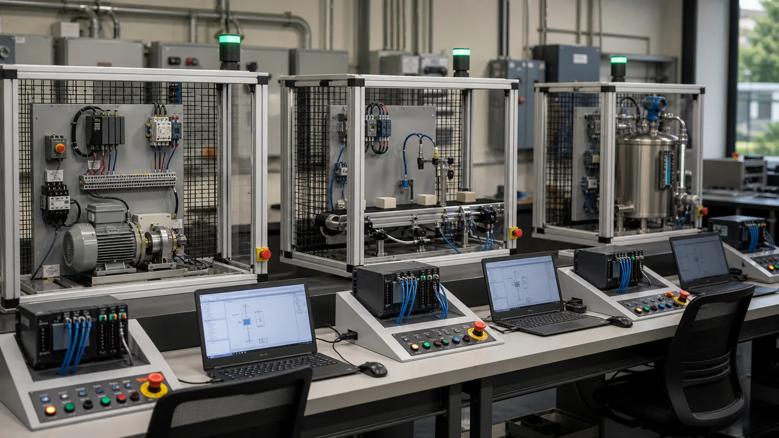 Siemens PLC training progression through guarded motor control sensor conveyor and process tank stations