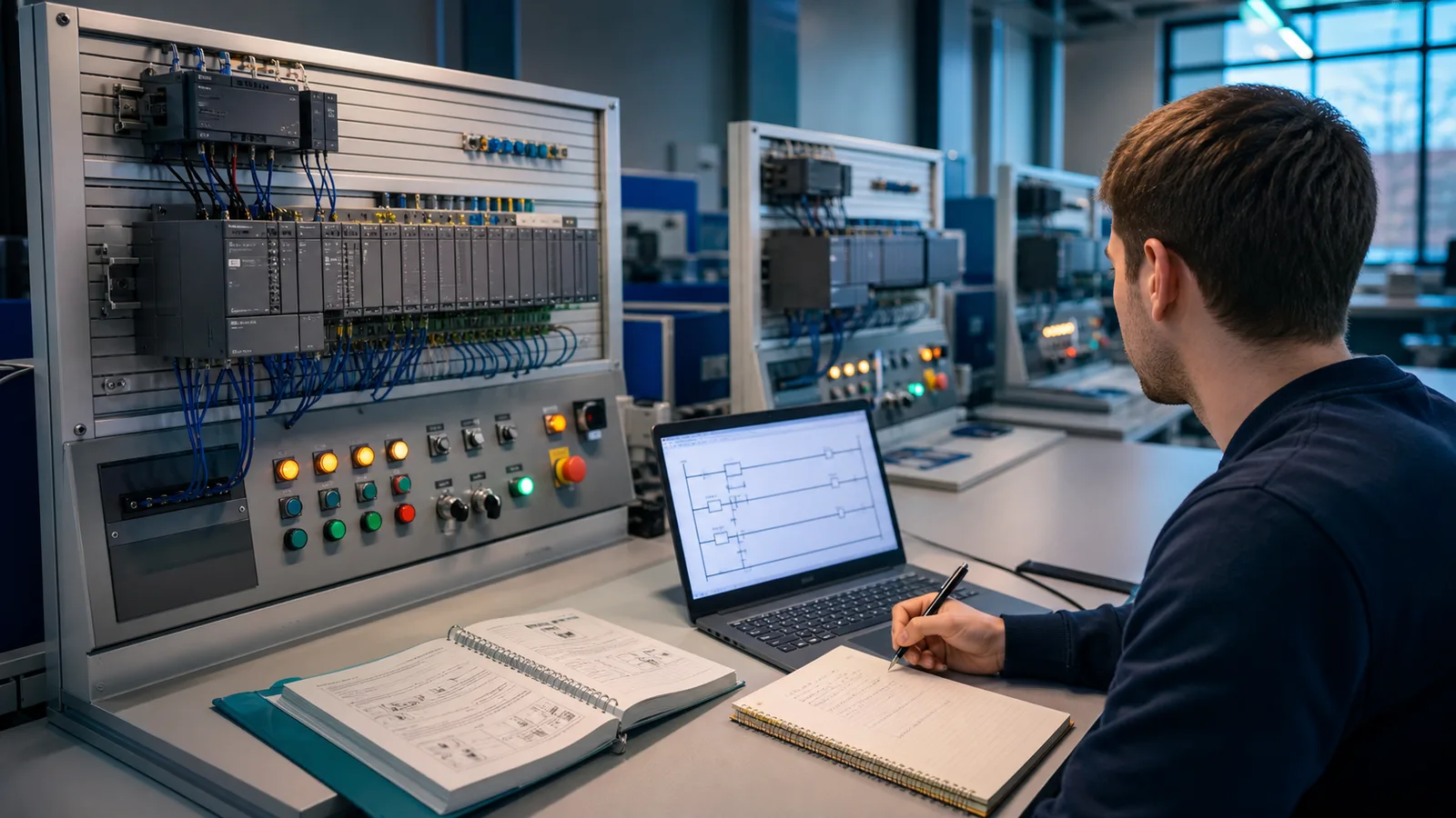 Siemens PLC training learner at a structured modular controller bench with I O switches output lamps ladder exercise and practical stations