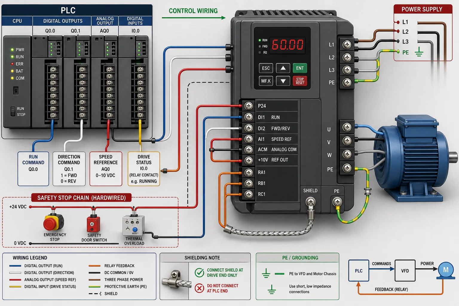 PLC to VFD wiring for run, direction, analog speed reference, drive feedback, safety stop and motor earth