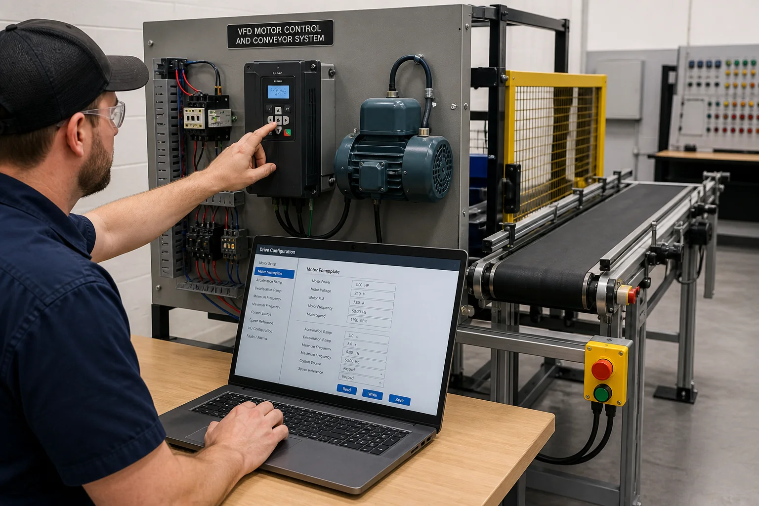Technician entering motor nameplate values and ramp parameters while commissioning a conveyor VFD