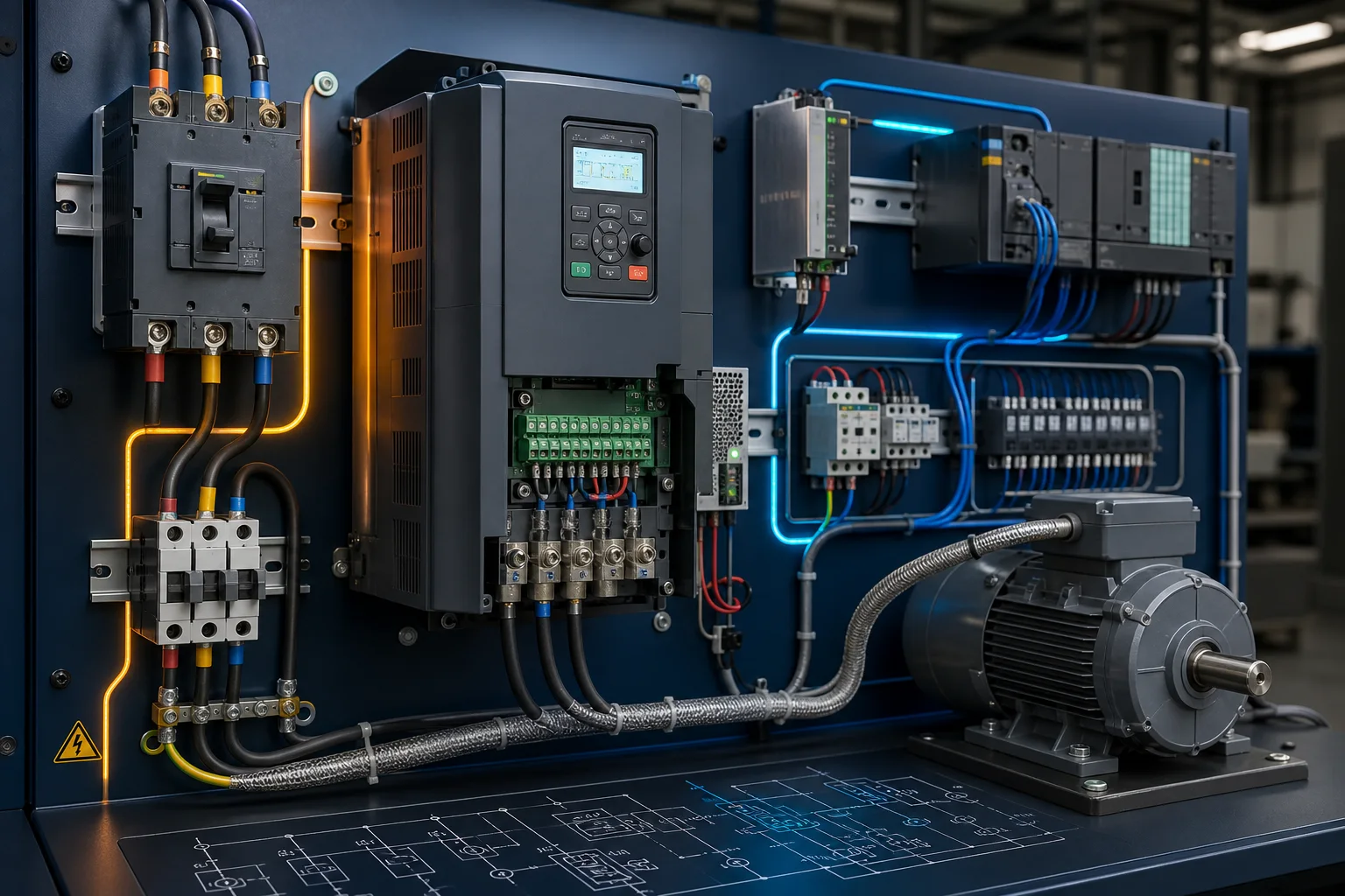 Variable frequency drive control panel with three-phase protection, contactor, PLC control wiring and induction motor