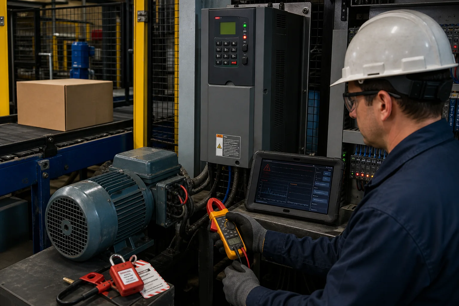 Technician diagnosing a tripped conveyor VFD using current measurement, drive status and mechanical load evidence