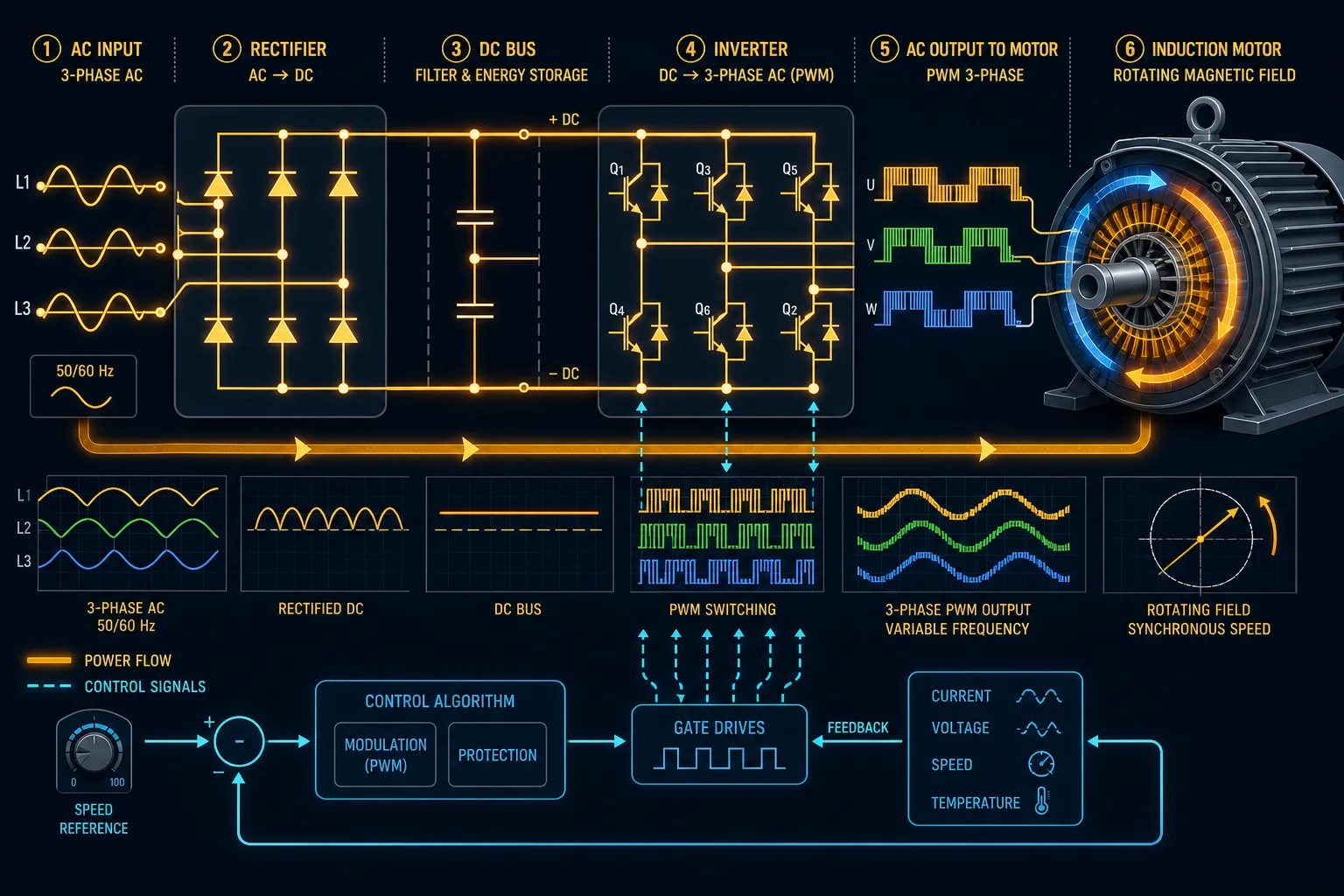 VFD internal power conversion from three-phase AC through rectifier and DC bus to PWM motor output