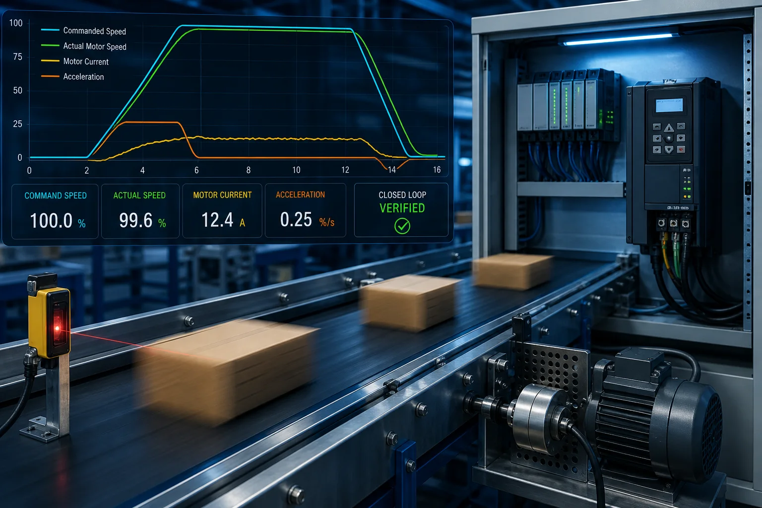 PLC-controlled VFD conveyor with commanded speed, actual motor speed, current and acceleration trend