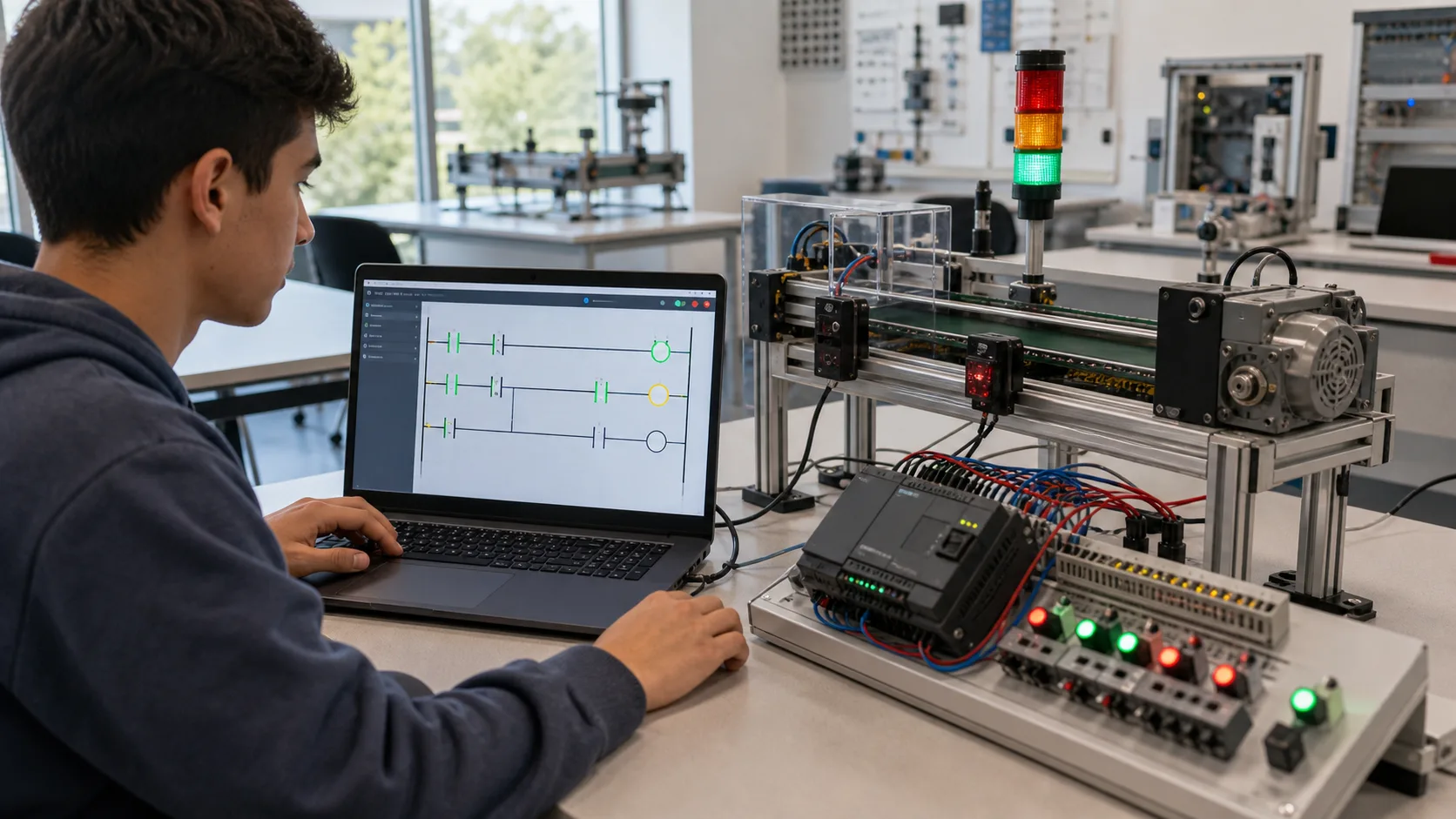 Student using a Chromebook browser PLC simulator beside a compact conveyor training rig with visible sensors and outputs