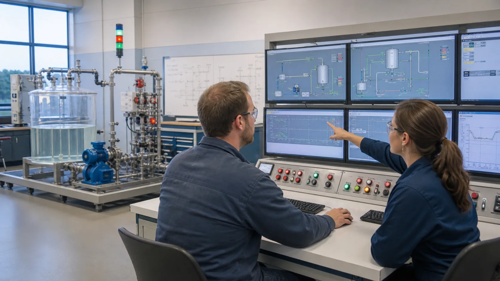 Process operator and instructor reviewing alarms and trends beside a pump-and-tank training skid