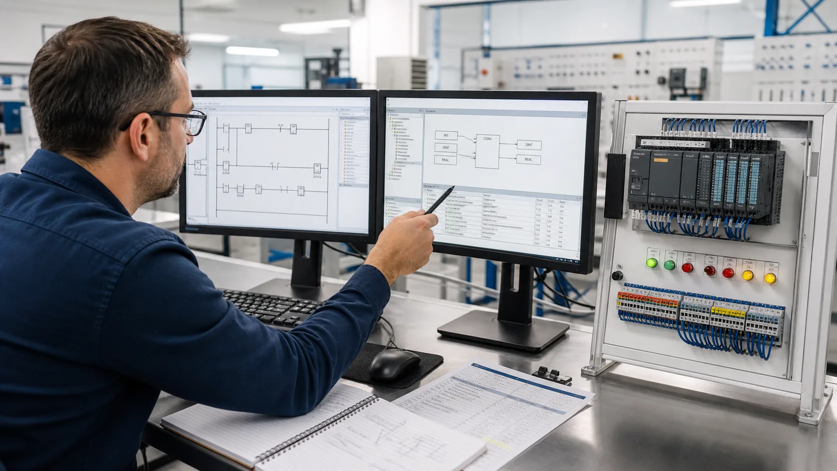 Automation engineer comparing legacy ladder logic with typed IEC data conversion beside a compact PLC training rack