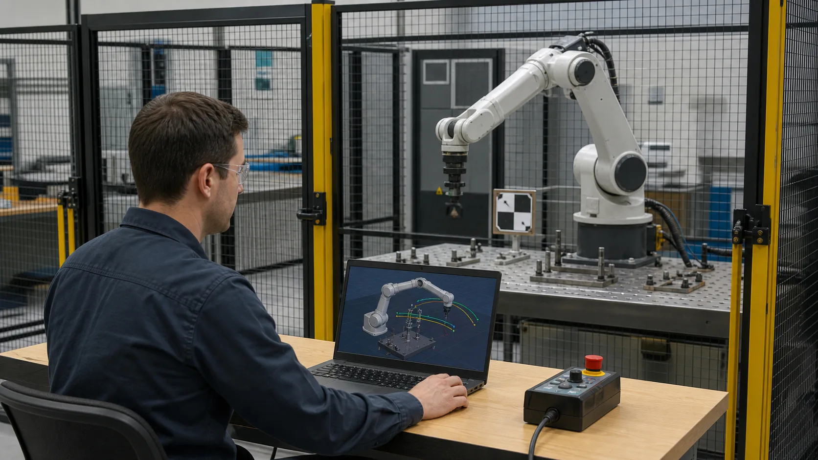 Robotics engineer comparing a simulated six-axis robot path with a stationary arm inside a safeguarded training cell