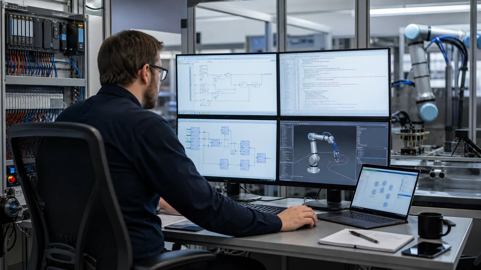 Automation engineer comparing PLC and robot programming workflows at a vendor-neutral workstation for Mitsubishi PLC learning and GX Works transfer