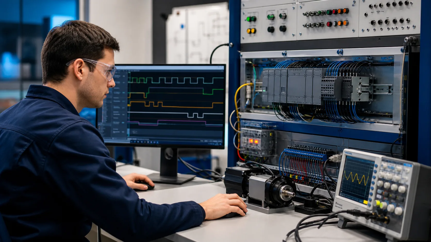 Automation engineer checking PLC signal timelines, executable logic and training-rack behavior for IEC language selection for discrete and process control