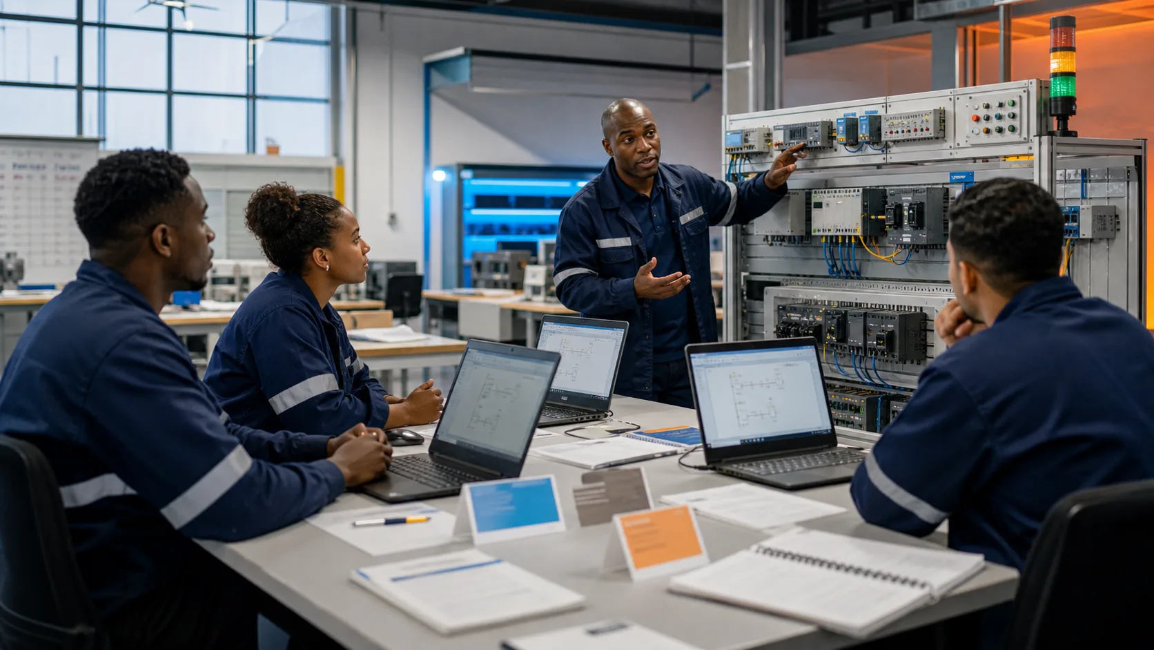 Adult learners and an instructor using PLC racks and laptops while studying first browser PLC program and observable machine result in an industrial automation lab
