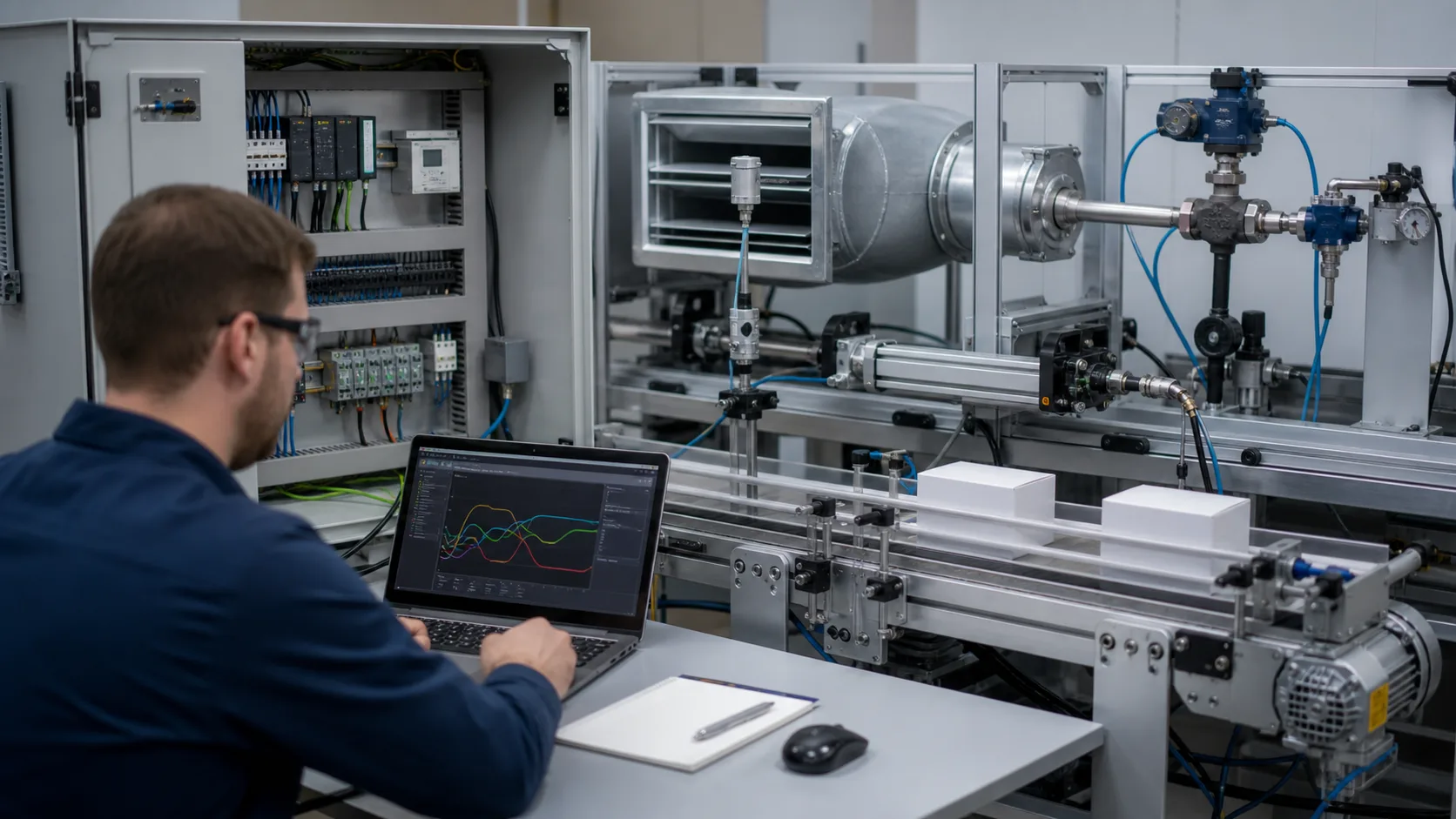 Engineer reviewing control trends beside an encoder, pneumatic actuator, HVAC duct and packaging conveyor used to study packaging sequence, tracking and fault practice