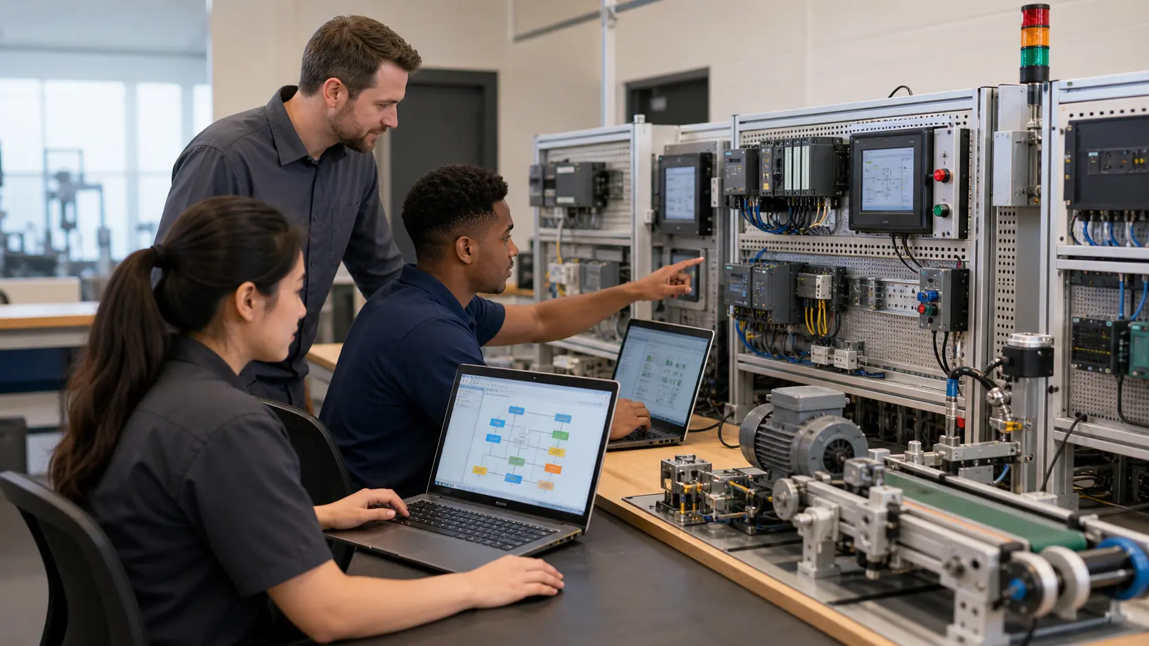 adult learners and an instructor using PLC racks, laptops and a miniature process in a vocational automation lab while studying building automation controls, sequences and diagnostics